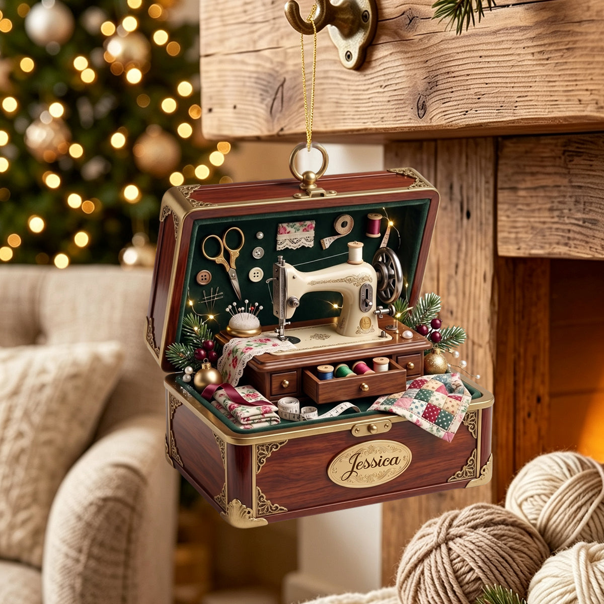 Personalized Jewelry Box Containing a Tiny Nostalgic Sewing Studio Ornament,Christmas Gift Ideas for Sewing Enthusiasts
