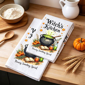 Personalized "Witch's Kitchen" Halloween Kitchen Towel – Brewing Something Special | Fall Witch Decor & Spooky Cauldron Tea Towel