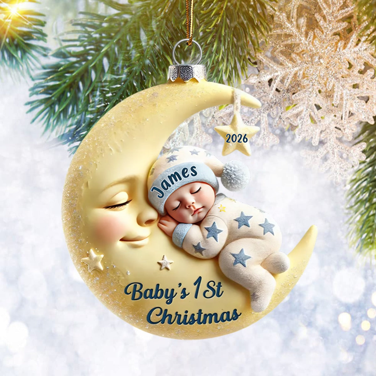 Baby On Moon First Christmas Star Personalized Acrylic Ornament