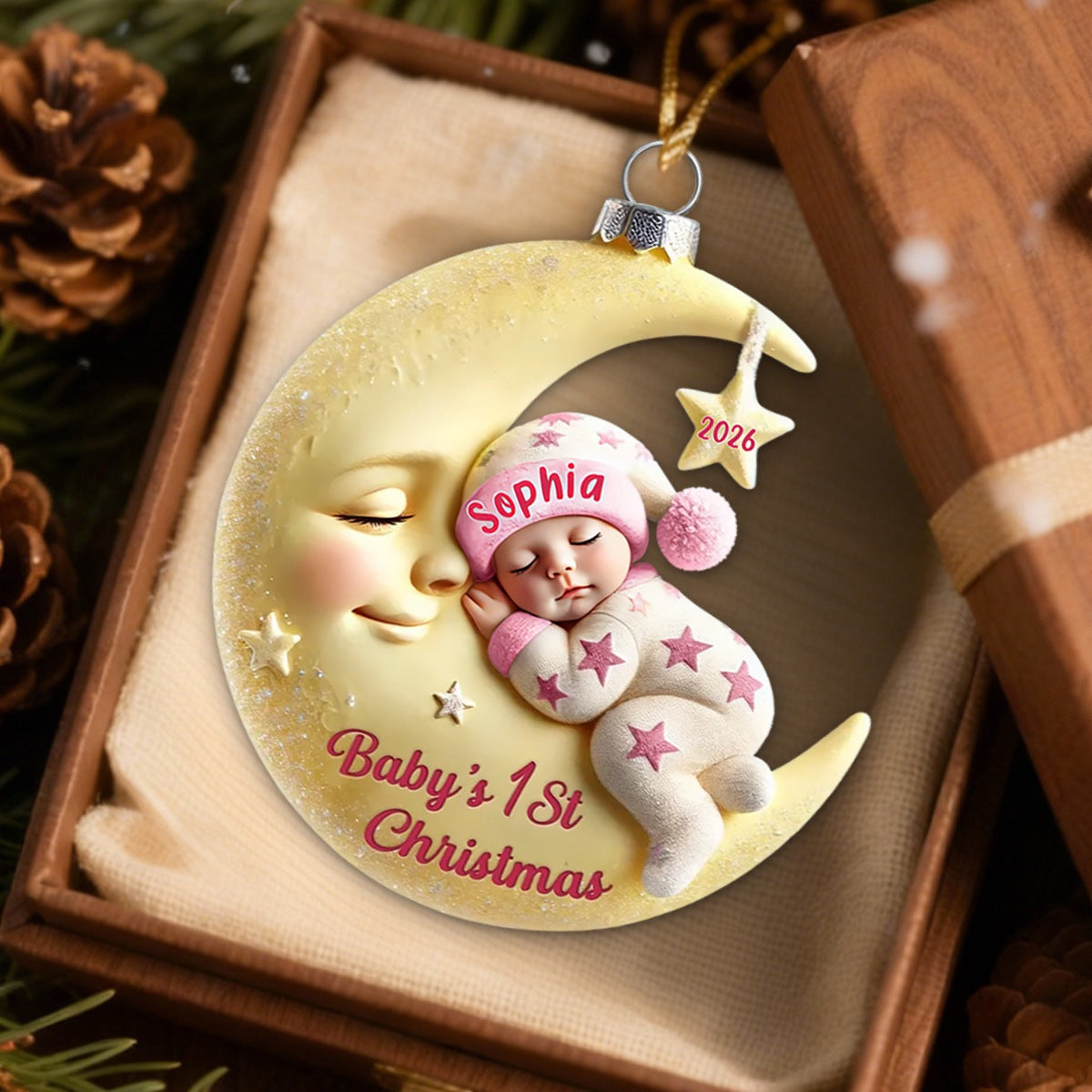 Baby On Moon First Christmas Star Personalized Acrylic Ornament