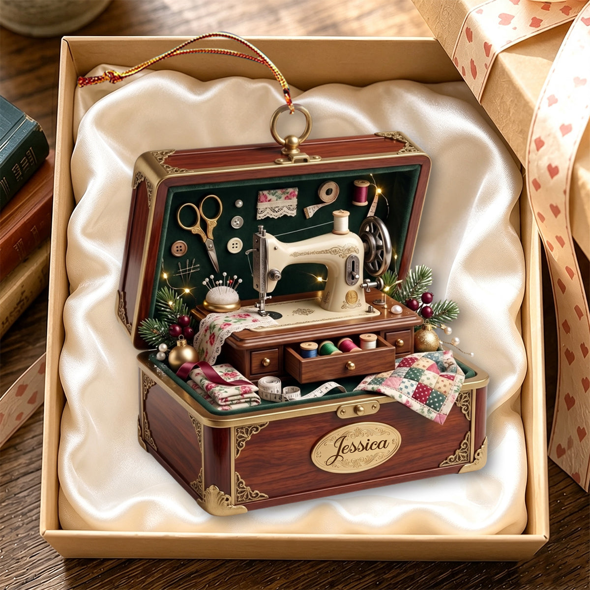 Personalized Jewelry Box Containing a Tiny Nostalgic Sewing Studio Ornament,Christmas Gift Ideas for Sewing Enthusiasts