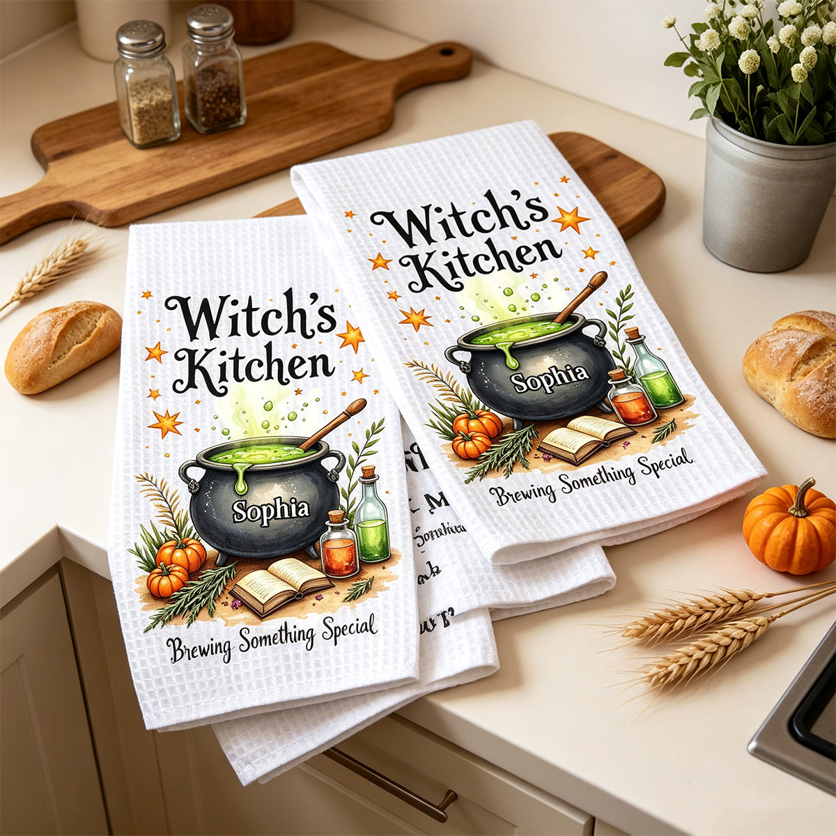 Personalized "Witch's Kitchen" Halloween Kitchen Towel – Brewing Something Special | Fall Witch Decor & Spooky Cauldron Tea Towel