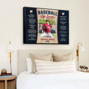 Baseball Life Lessons Canvas, Personalized Baseball Wall Art, Custom Player Name & Number