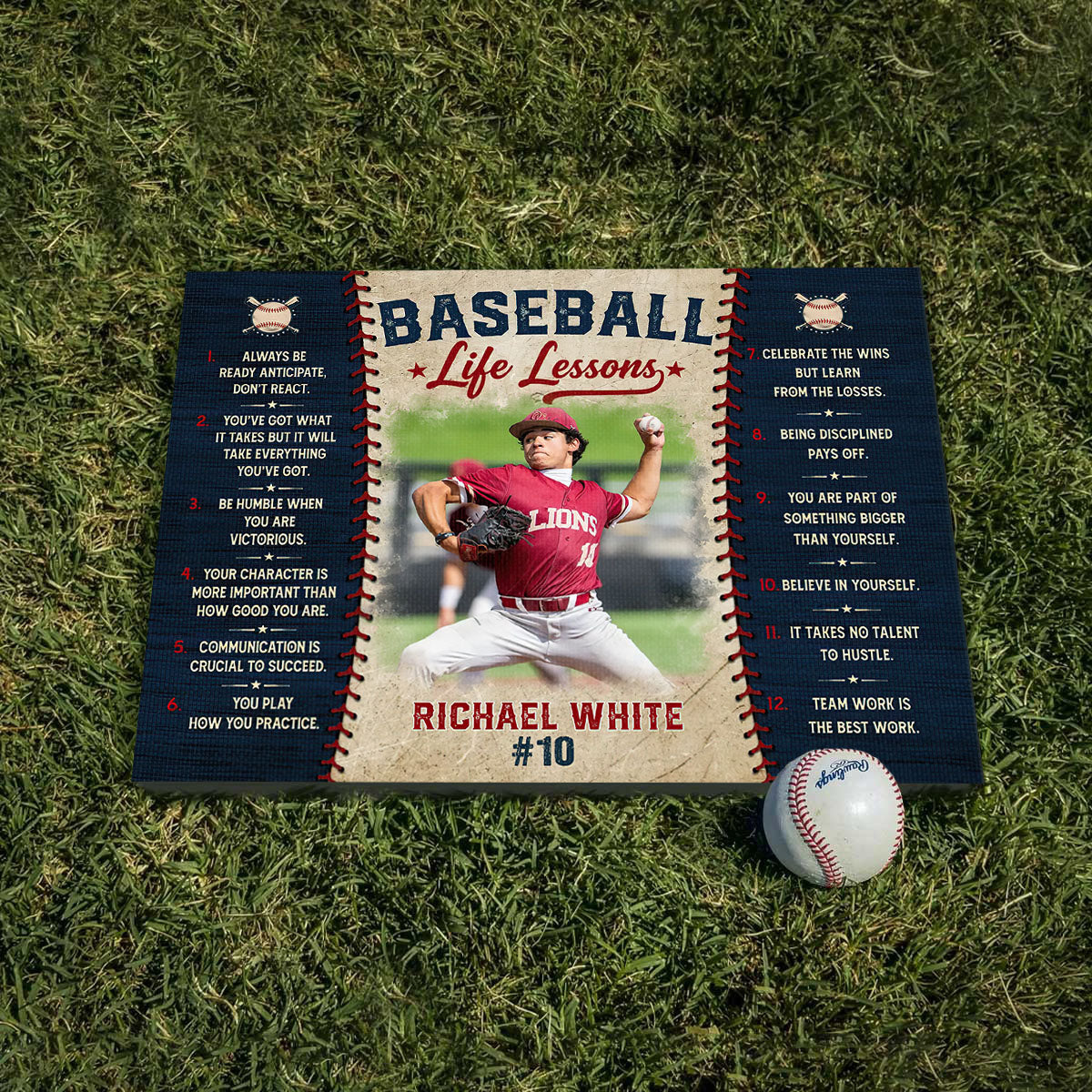 Baseball Life Lessons Canvas, Personalized Baseball Wall Art, Custom Player Name & Number