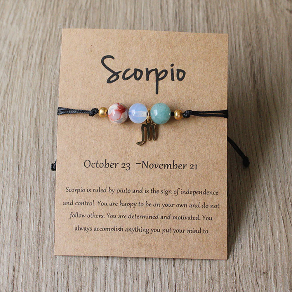 Natural Stone Hand Woven Bracelet With Twelve Constellations Paper Card