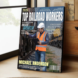 Personalized Railroad Worker Magazine Cover Canvas – Custom Name & Photo Recognition Gift | Railroad Employee Appreciation Keepsake