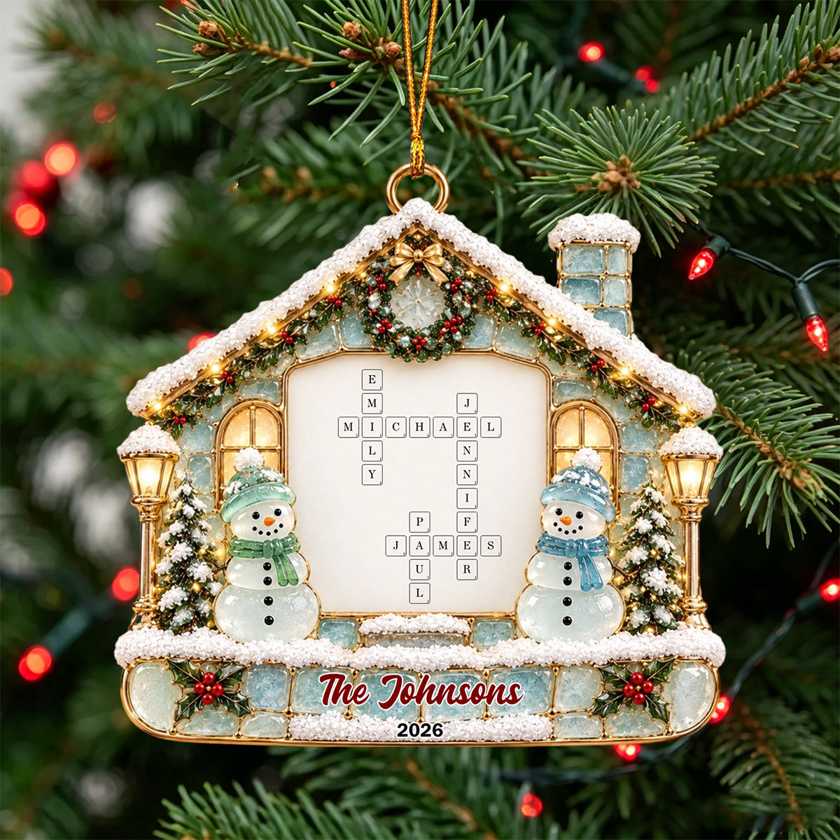 Snowman Family Name Crossword Sea Glass Personalized Christmas Ornament