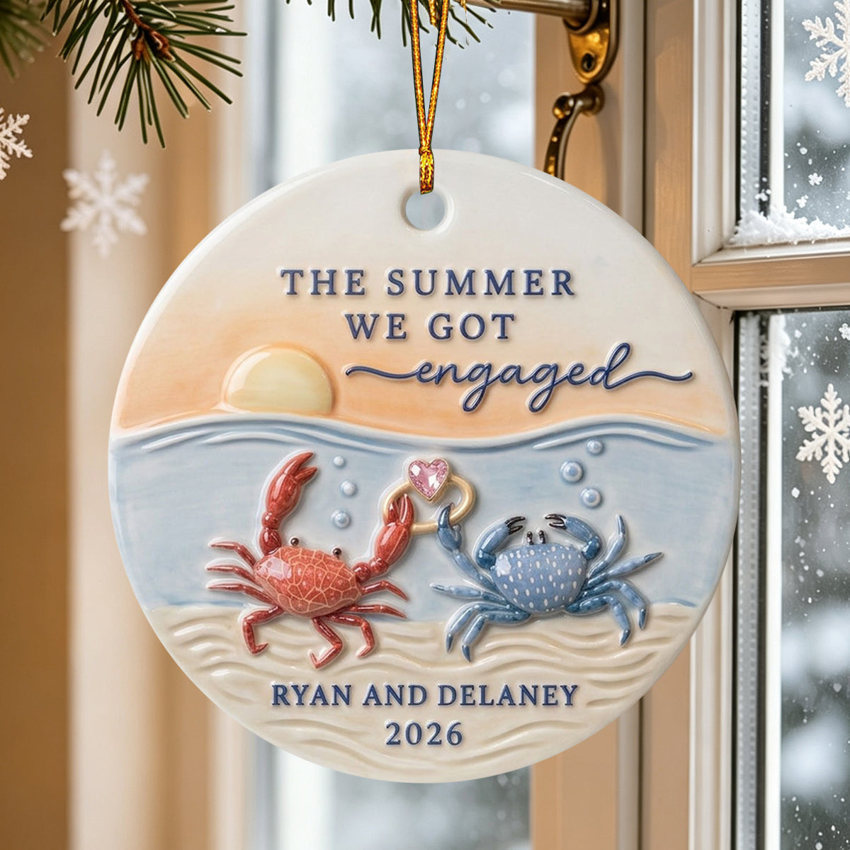 Personalized "The Summer We Got Engaged" Crab Ceramic Ornament – Custom Couple Names & Year | Beach Sunset Keepsake For Newly Engaged Couples
