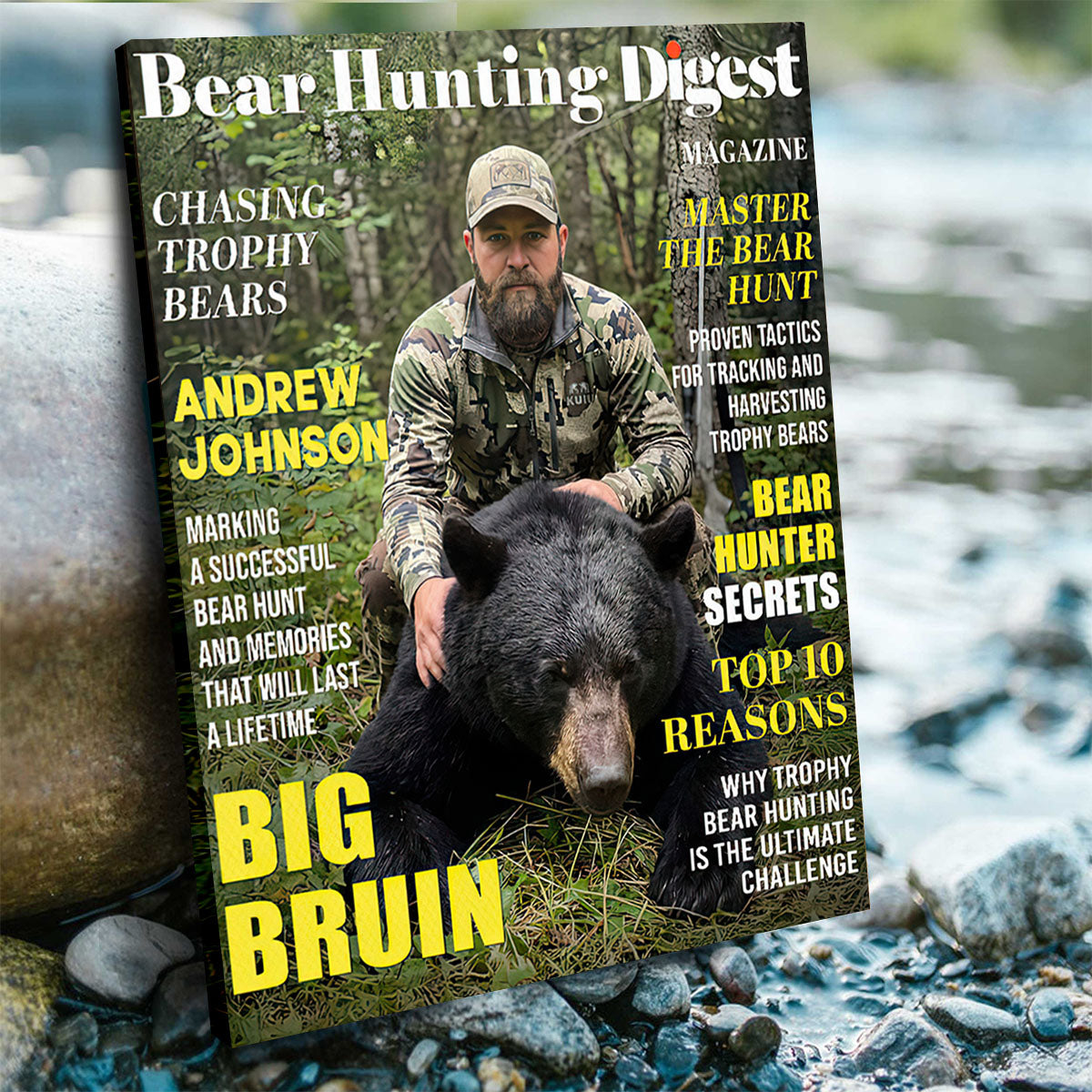 Bear Hunting Digest Personalized Canvas, Custom Photo Bear Hunter Magazine Cover, Hunting Lover Gift