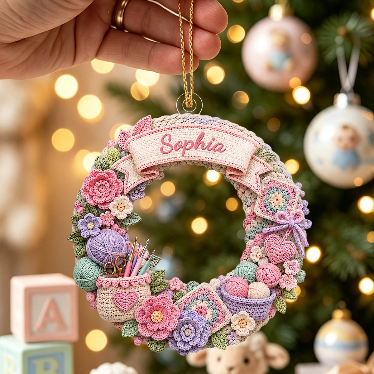 "Stitch Made With Love" – Personalized Acrylic Hanging Ornament | Gift For Crochet Lovers