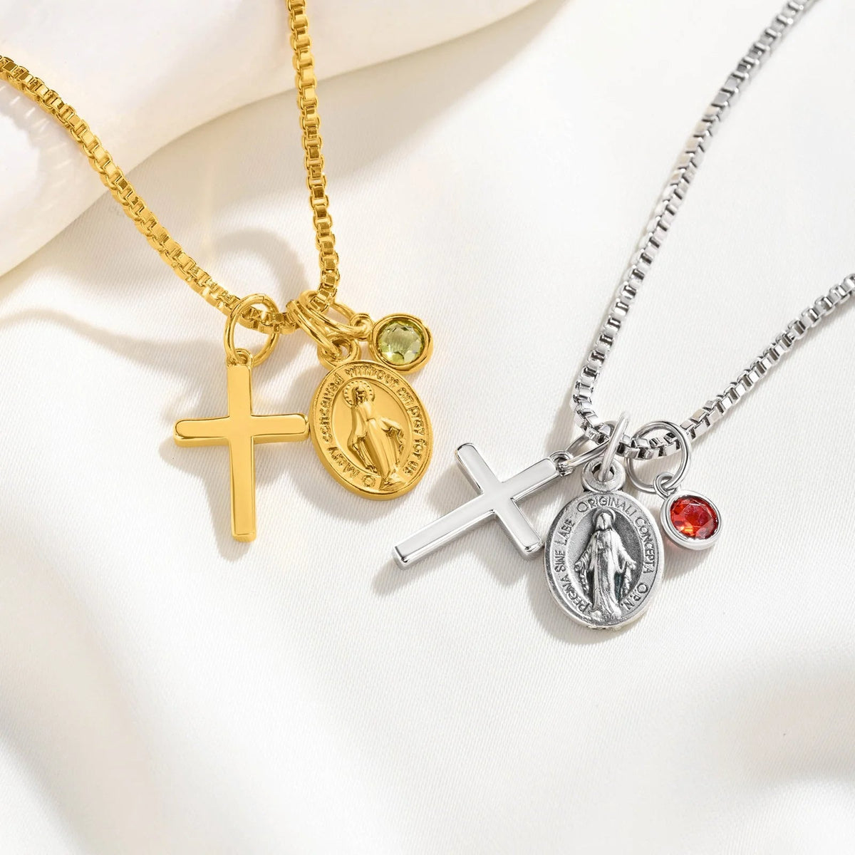 Personalized Cross Necklace with Birthstone, Dainty Religious Jewelry