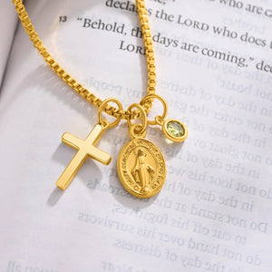 Personalized Cross Necklace with Birthstone, Dainty Religious Jewelry