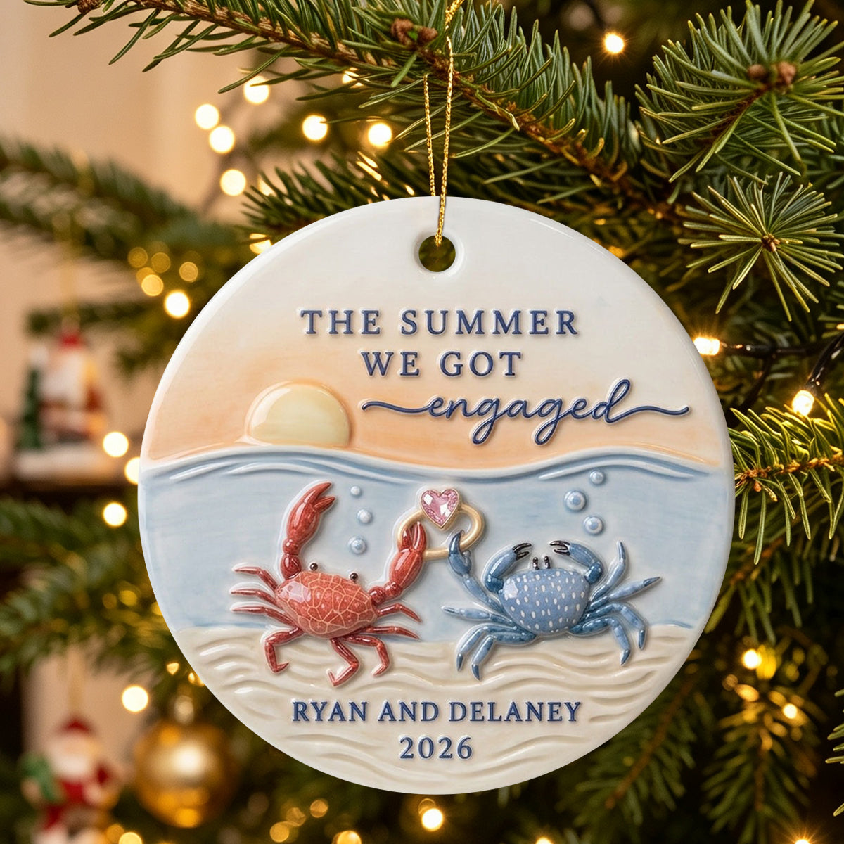 Personalized "The Summer We Got Engaged" Crab Ceramic Ornament – Custom Couple Names & Year | Beach Sunset Keepsake For Newly Engaged Couples