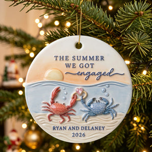Personalized "The Summer We Got Engaged" Crab Ceramic Ornament – Custom Couple Names & Year | Beach Sunset Keepsake For Newly Engaged Couples