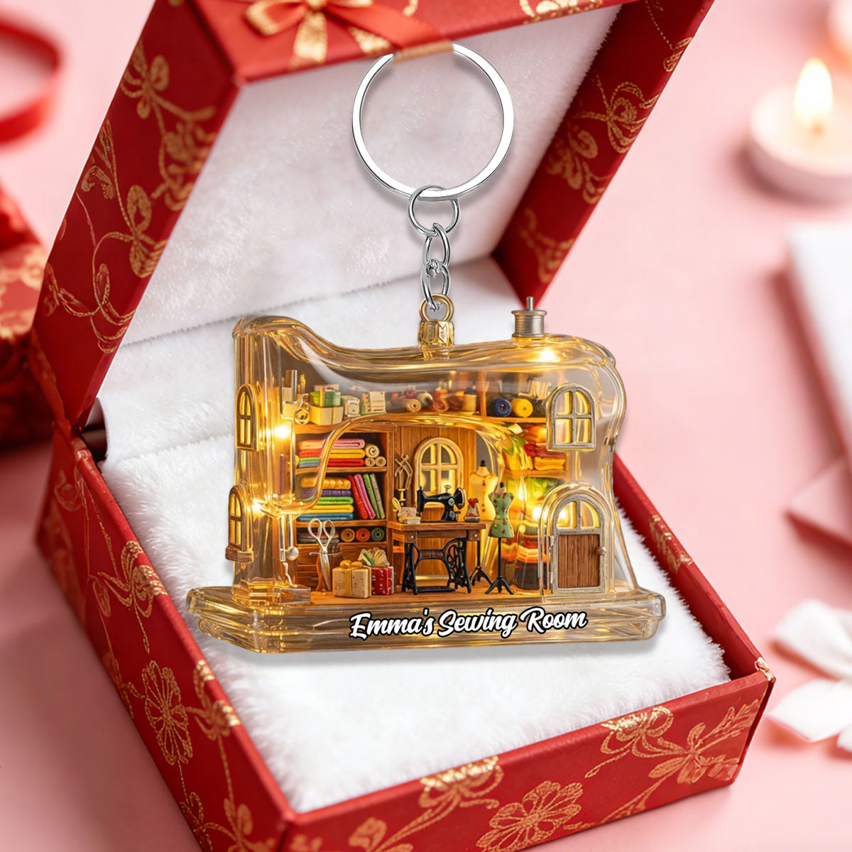 Sewing Room With Sewing Machine And Fabric, Personalized Keychain, Gift For Craft Enthusiasts