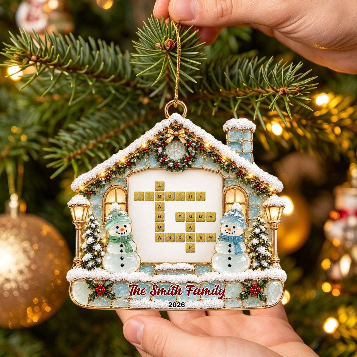 Snowman Family Name Crossword Sea Glass Personalized Christmas Ornament