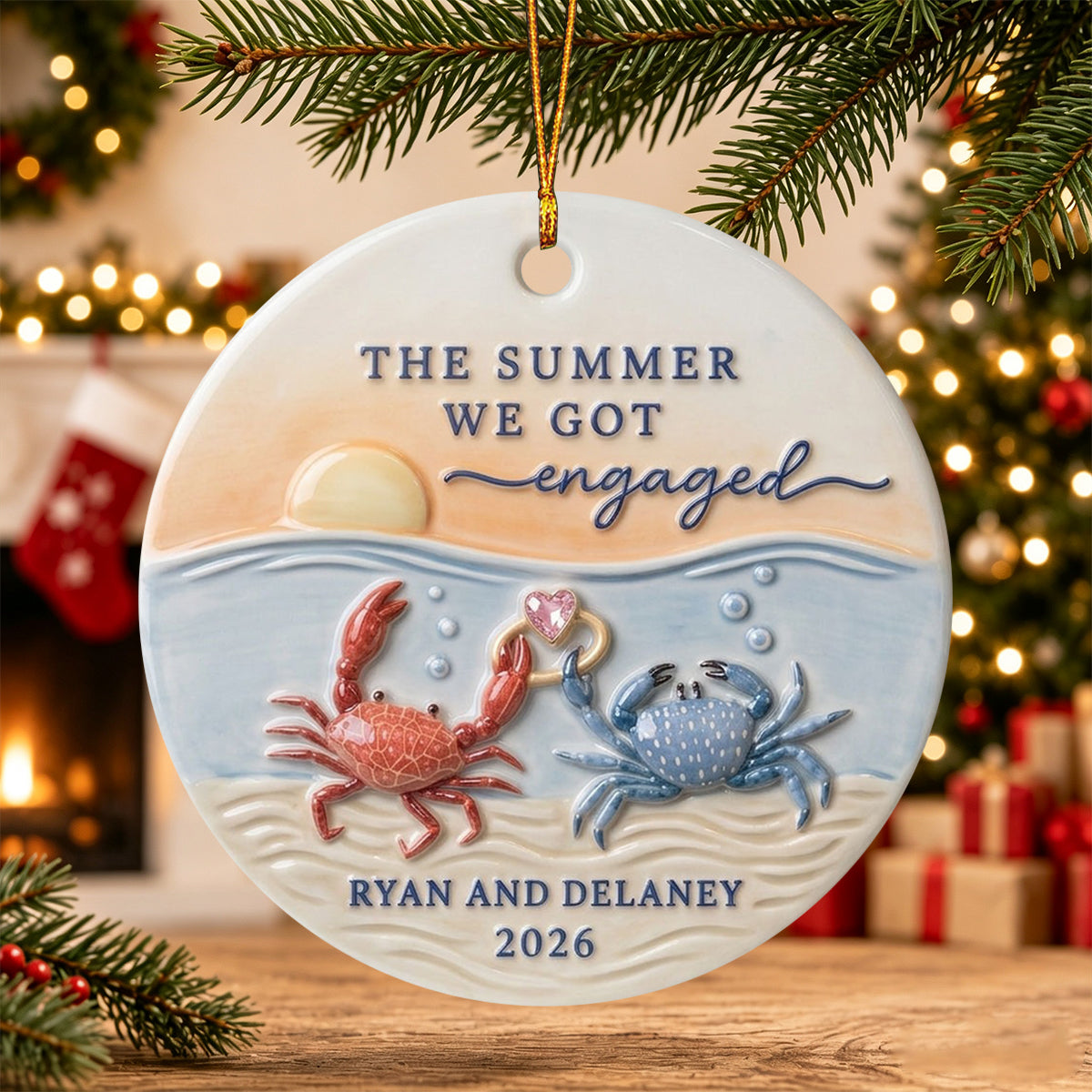 Personalized "The Summer We Got Engaged" Crab Ceramic Ornament – Custom Couple Names & Year | Beach Sunset Keepsake For Newly Engaged Couples