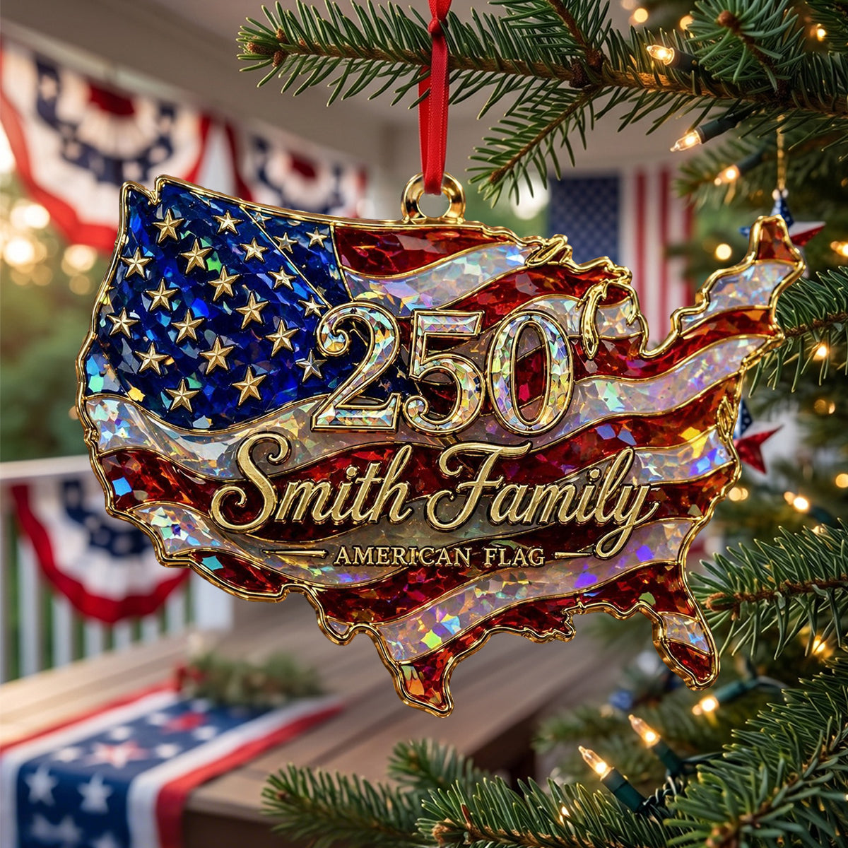 Personalized USA 250 Shape Acrylic Ornament, American Flag Hologram Ornament