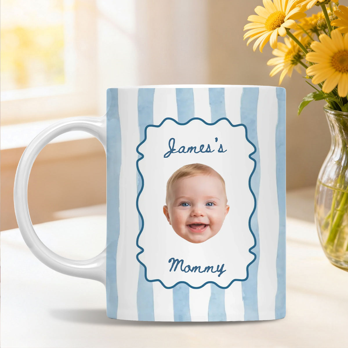 A Tiny Face, A Lifetime Of Love - Personalized Mug, Gift For Mom, Custom Photo Keepsake, Minimalist Pastel Color Stripe Design