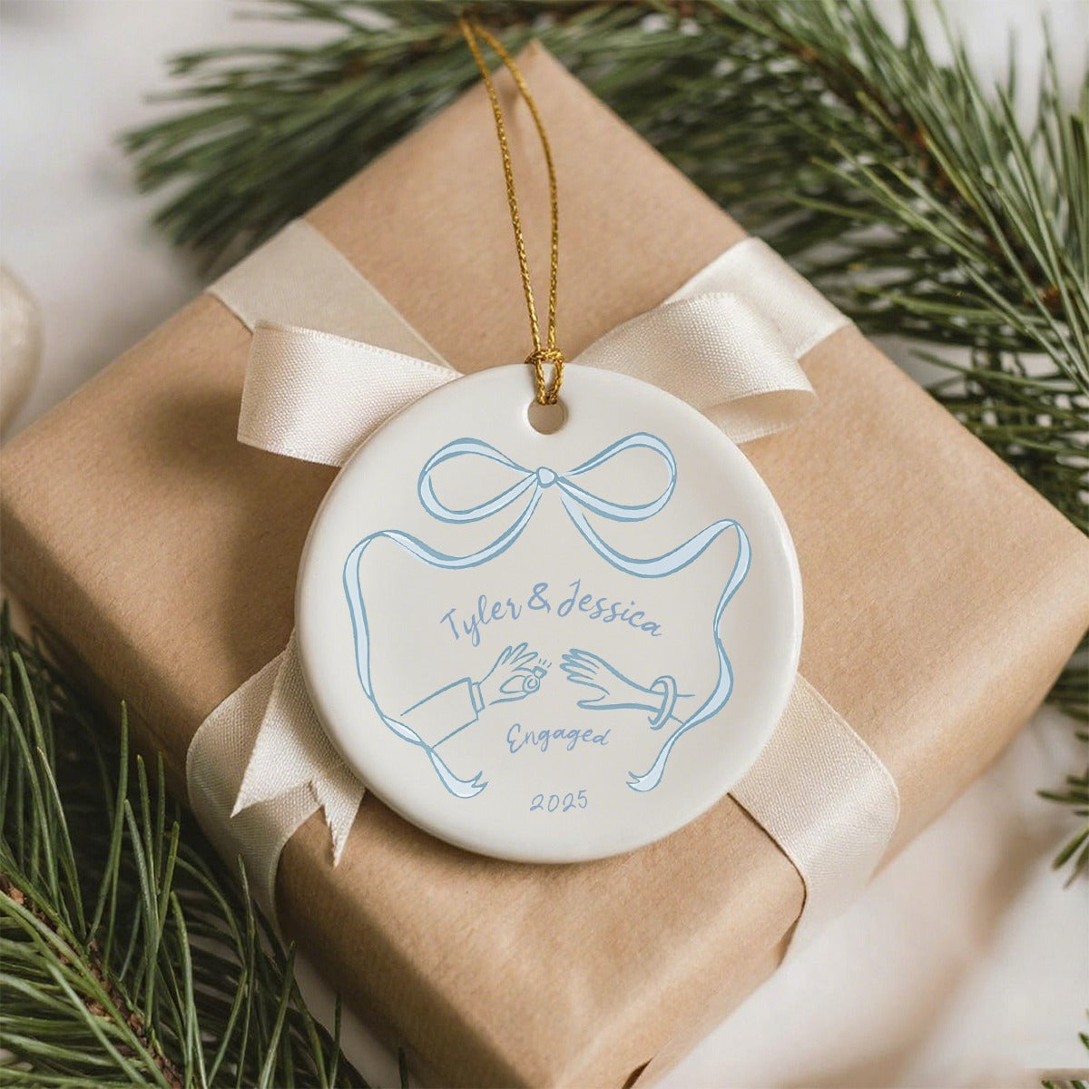 First Christmas Engaged Ceramic Ornament, Personalized Engagement Gift for Couples