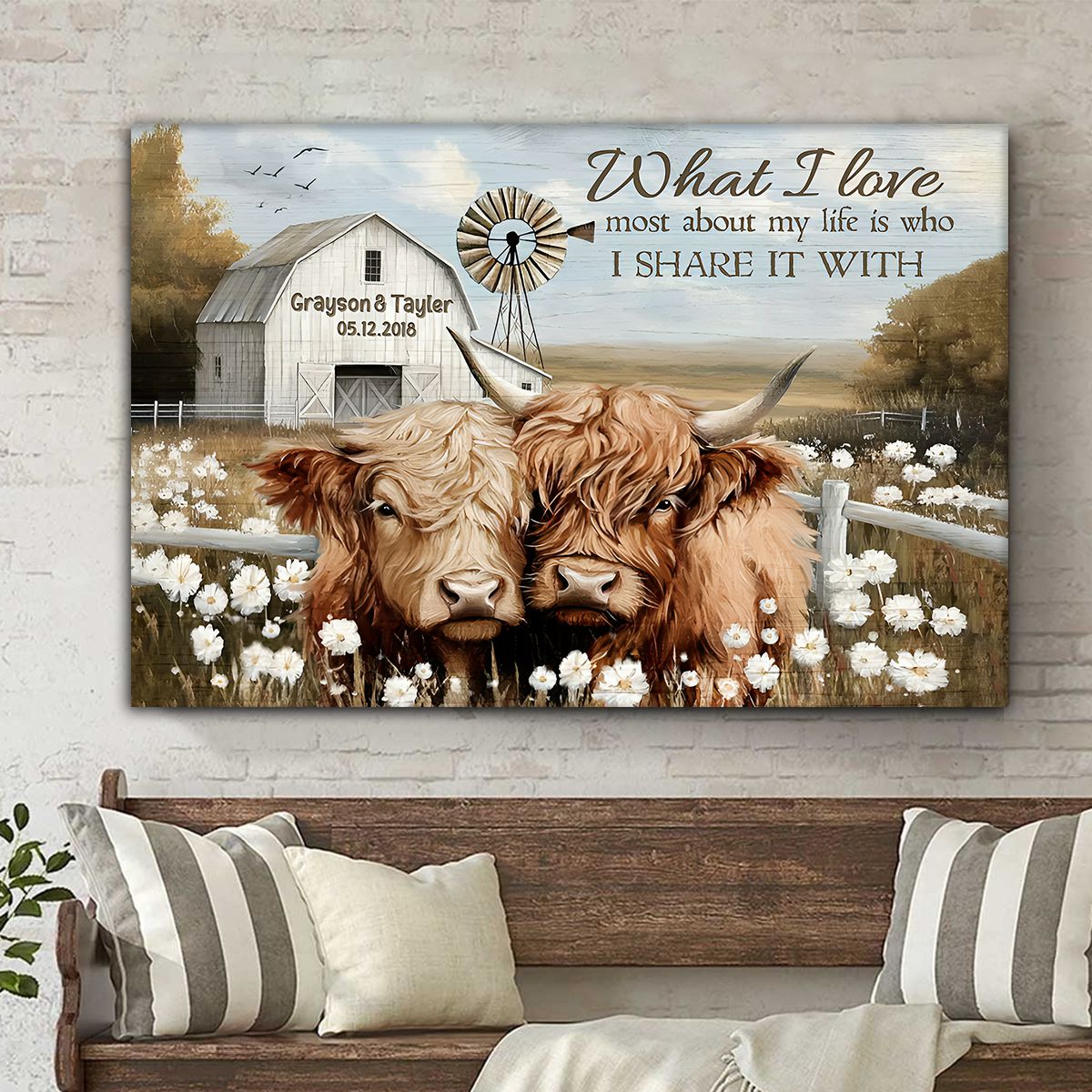 Farmhouse Highland Cow Wall Art Canvas Poster Personalized Couple Anniversary Decor Gift