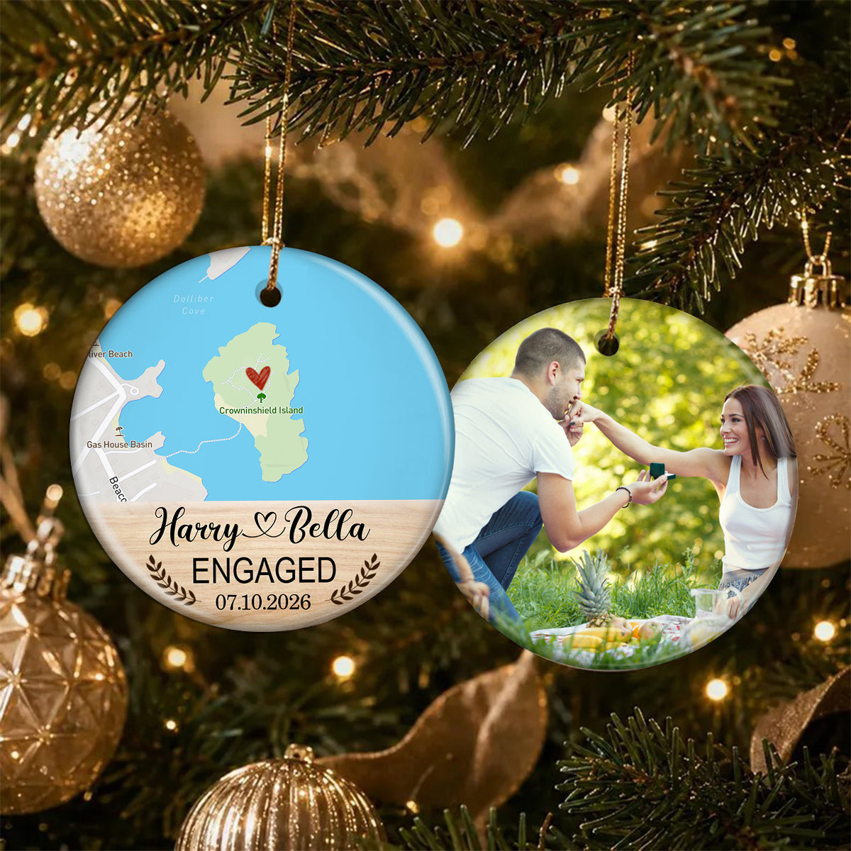 Engagement Ornament - Custom Photo, Location & Map Personalized Ceramic Ornament