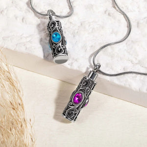 Personalized Gemstone Vintage Cylinder Urn Necklace for Ashes, Sympathy Gift for Pet Loss/Family/Friend/Lover