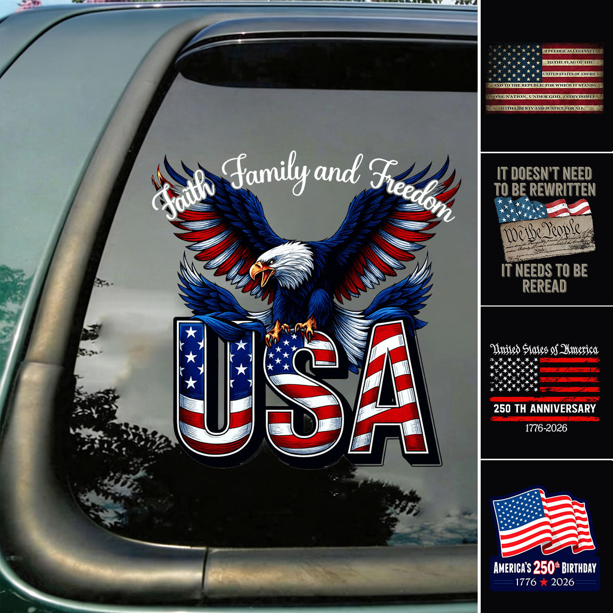 Personalized Faith, Family & Freedom America 250th Car Window Decal Sticker