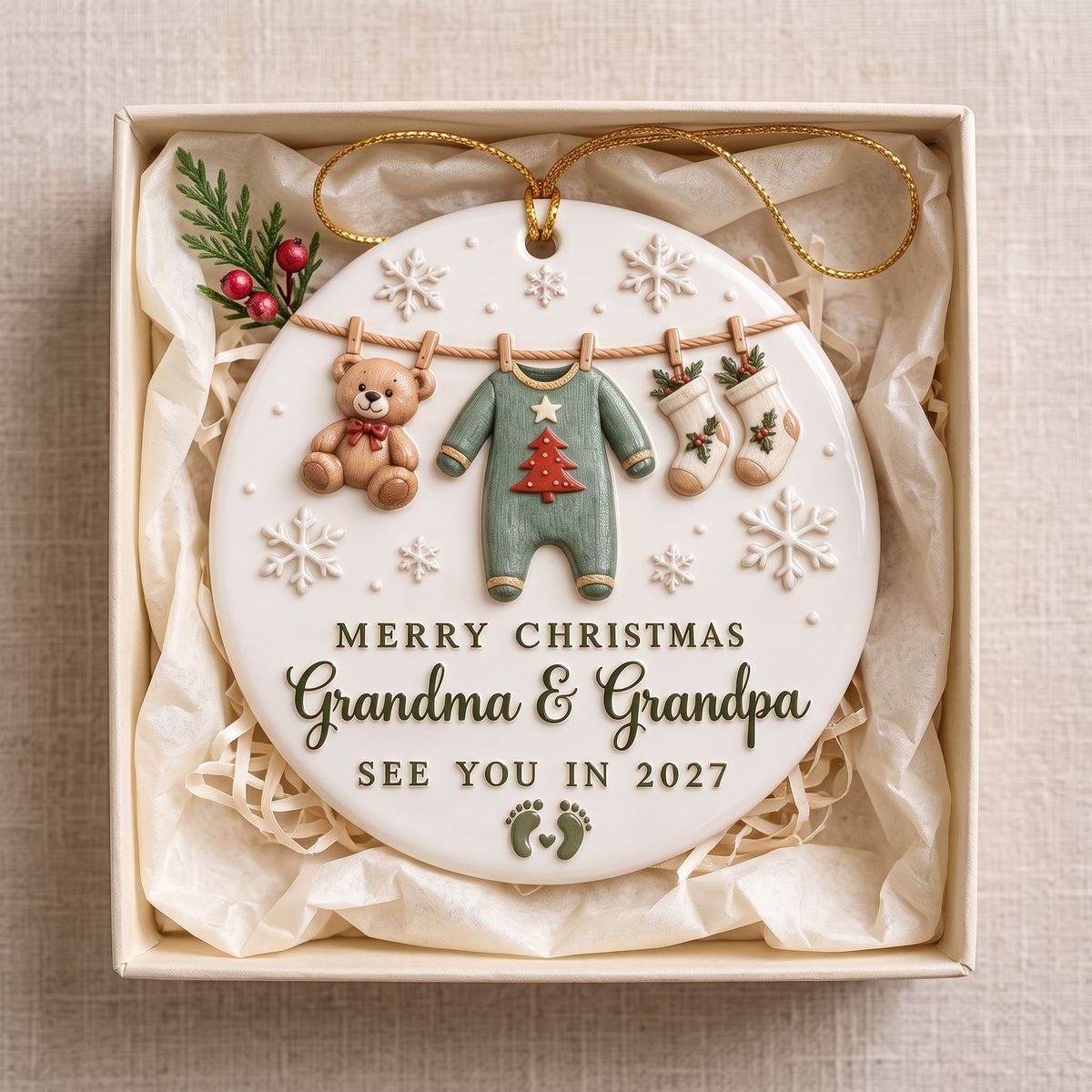 See You In 2027 – Personalized Pregnancy Announcement Ceramic Ornament | Custom Name Christmas Reveal Gift For Grandparents, Aunts & Uncles
