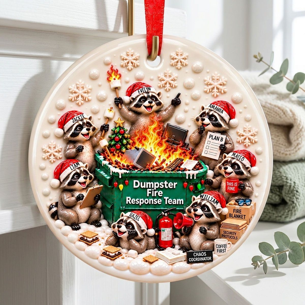 Personalized Dumpster Fire Response Team Ceramic Ornament – Custom 10 Names Raccoon Keepsake | Coworker, Work Bestie & Secret Santa Gift
