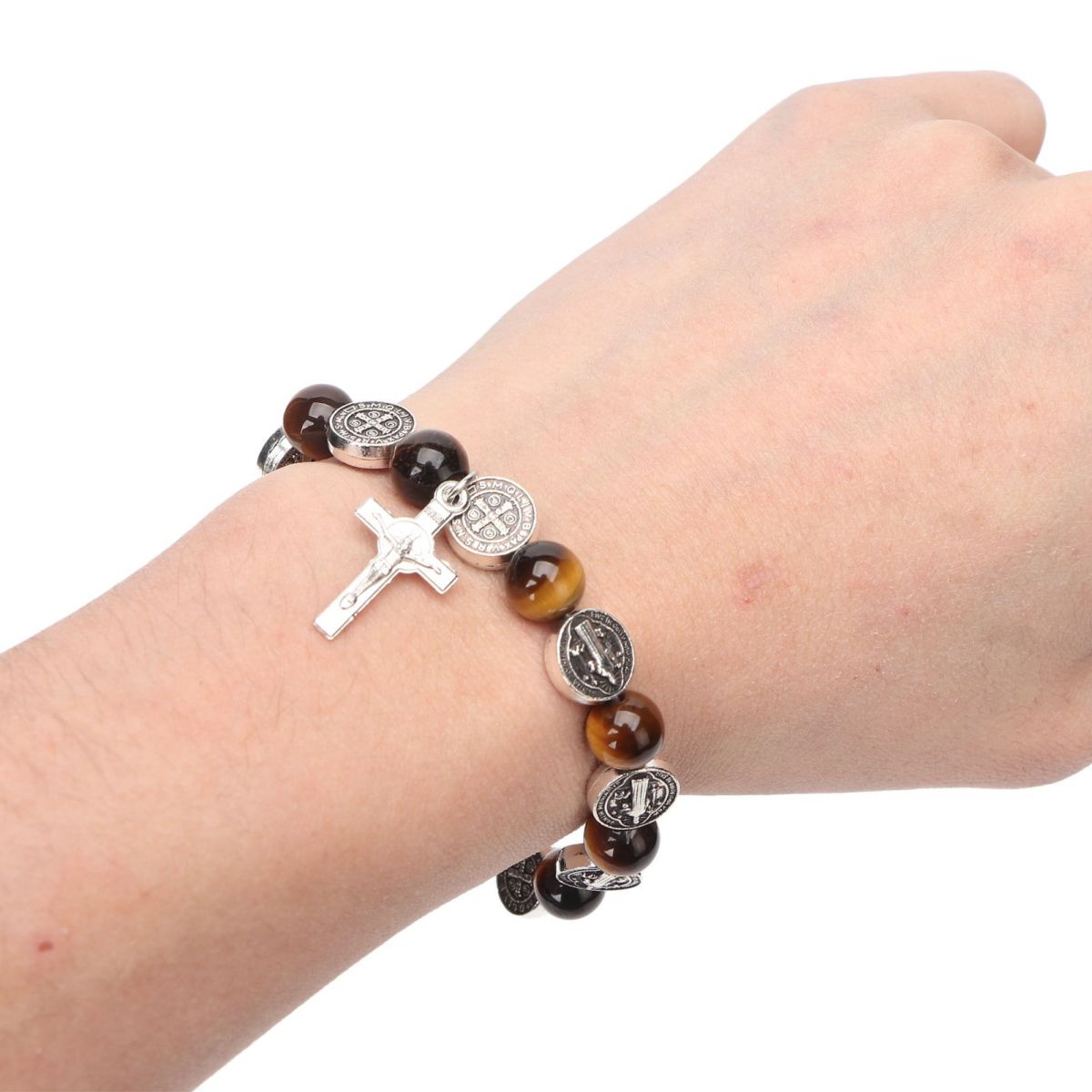 Cross Rosary Bracelet-Tiger Eye Beads