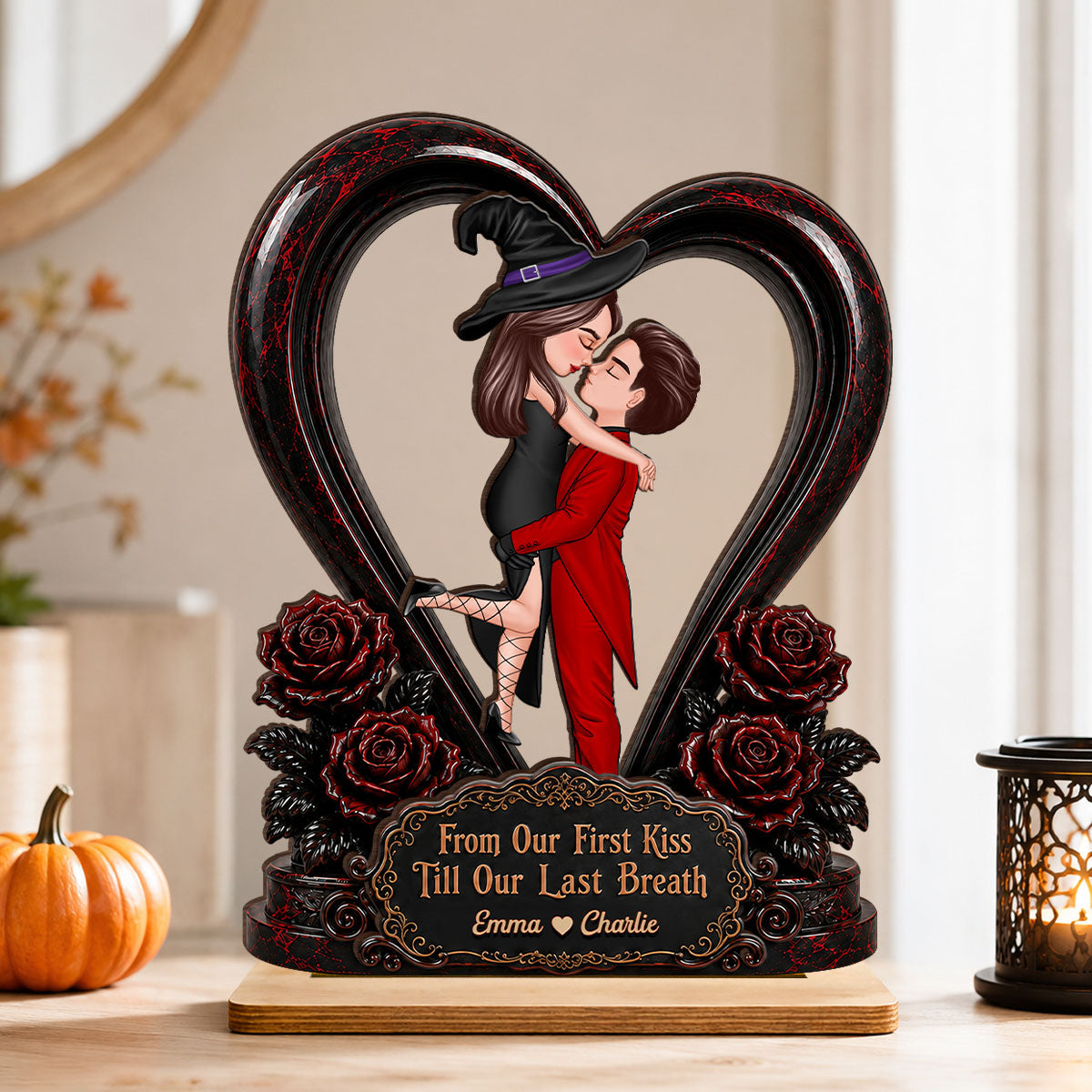 "From Our First Kiss To Our Last Breath" – Halloween Couple Wooden Plaque | Personalized Keepsake For Him & Her
