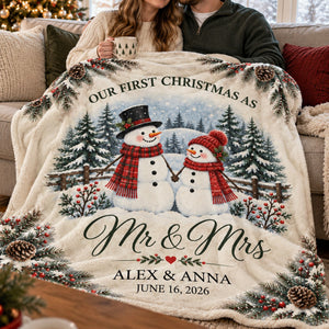 Snowman Couple First Christmas Personalized Blanket – Cozy Fireplace First Christmas Couple Keepsake