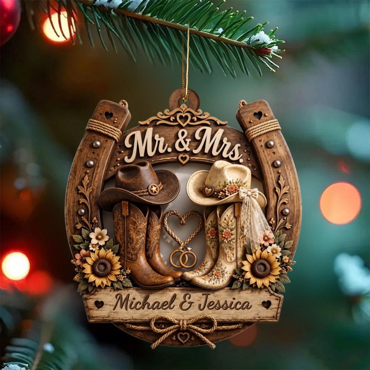 Mr. & Mrs. Personalized Wooden Ornament, Custom Gift For Couples and Cowboys