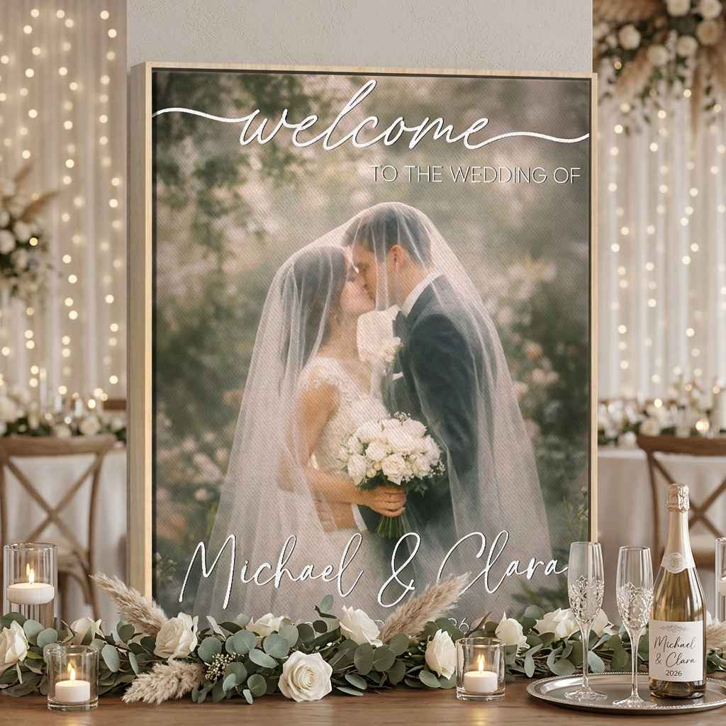 Personalized Wedding Welcome Photo Canvas – Custom Bride & Groom Entrance Sign | Reception Decor