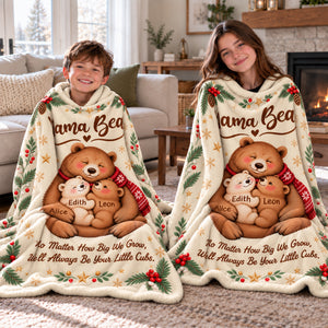 Personalized Mama Bear Christmas Blanket – Custom Kids' Names Bear Family Fleece Blanket, Christmas Gift For Mom From Her Children