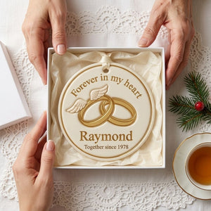 Forever In My Heart – Personalized Wedding Rings Memorial Ceramic Ornament | Custom Husband’s Name & Wedding Year | Sympathy Gift For A Widow