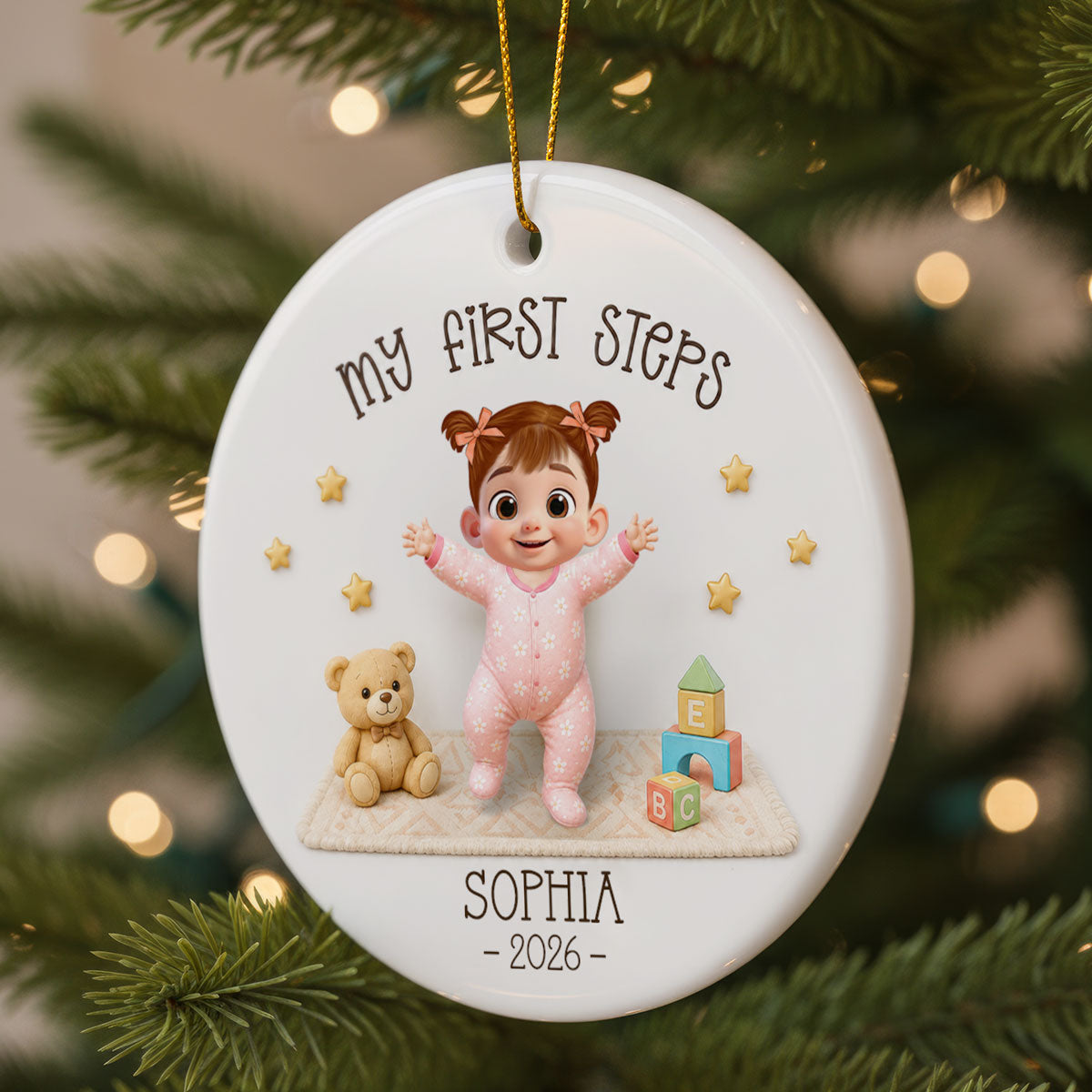 "Baby's First Steps – Learned To Walk" – Personalized Ceramic Ornament | Milestone Christmas Keepsake