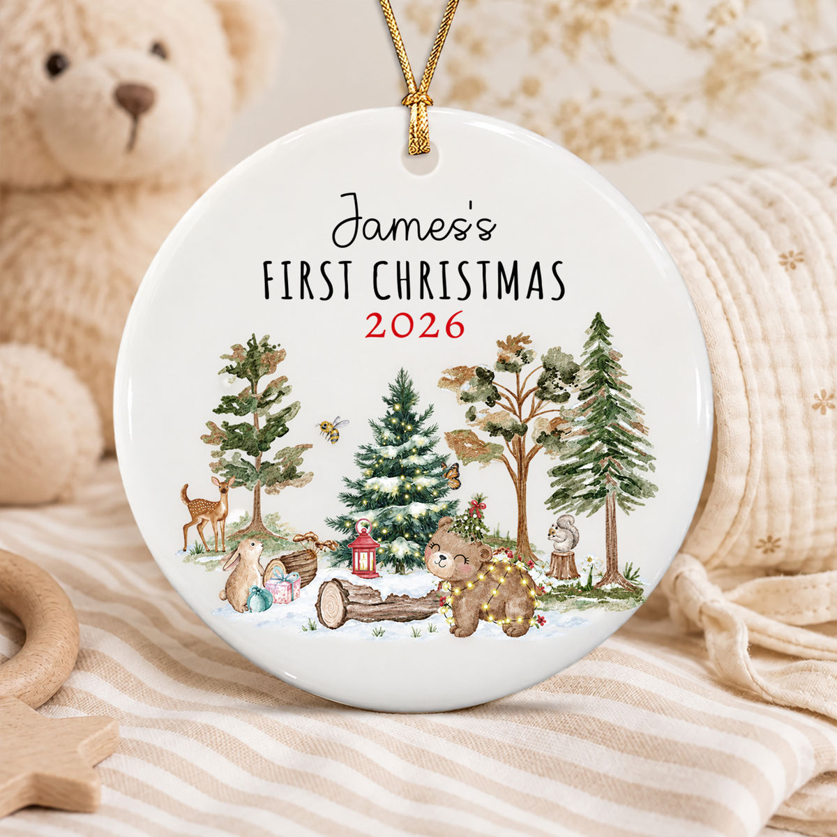Baby’s First Christmas 2026 – Personalized Double-Sided Photo Ceramic Ornament | Custom Name Woodland Keepsake For New Parents & Grandparents