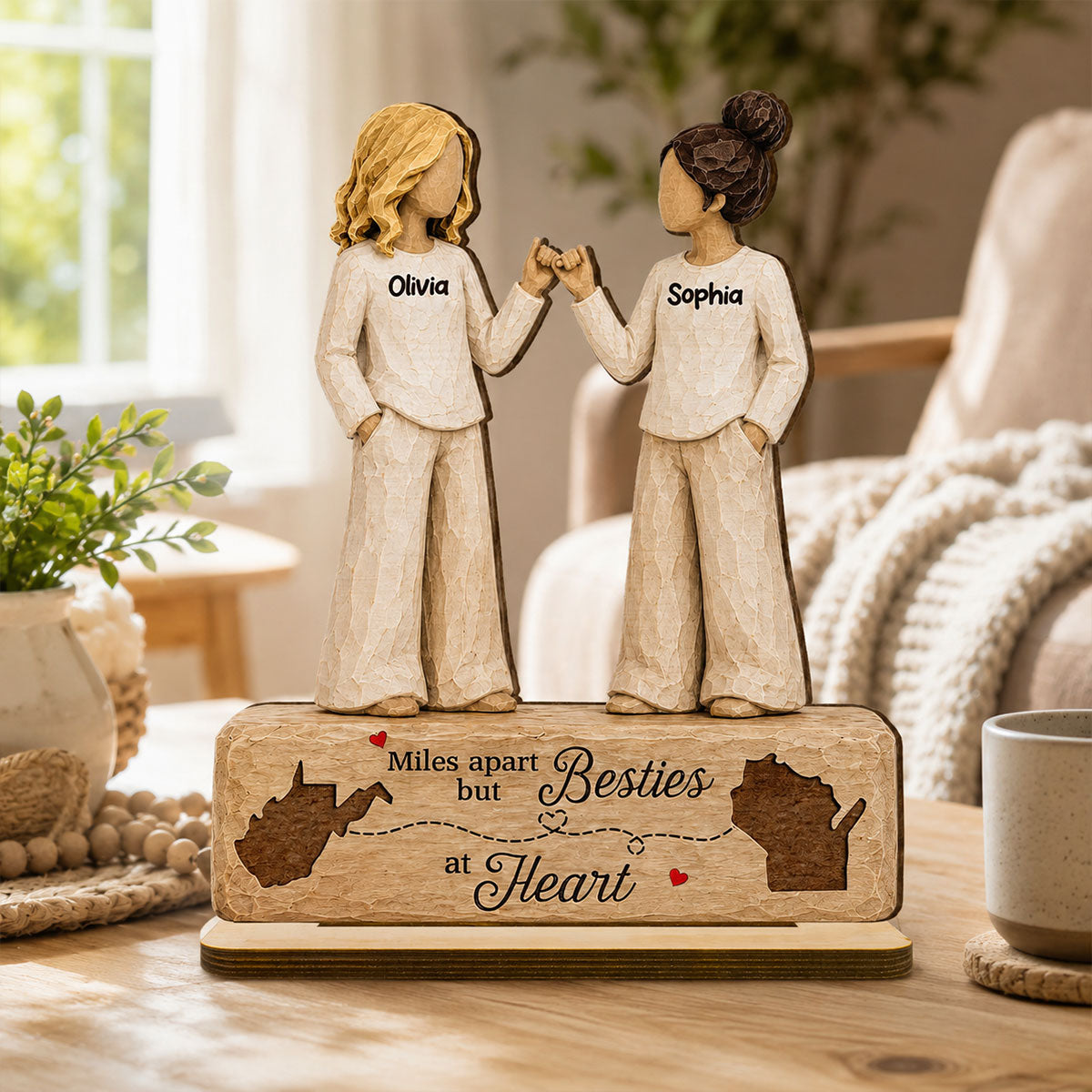 "Pinky Promise Miles Apart" – Personalized Wooden Plaque | Long Distance Friendship Gift For Best Friends