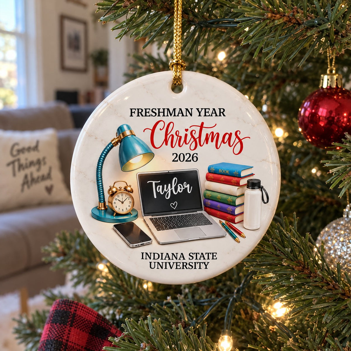 Freshman Year Christmas Study Desk – Personalized Ceramic Ornament – College Student Christmas Gift, First Year Keepsake