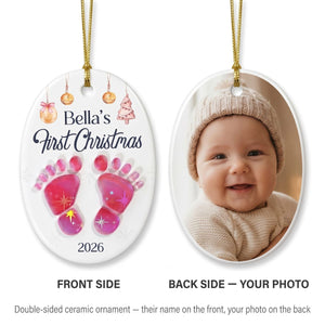 Baby’s First Christmas – Personalized Photo Ceramic Ornament | Custom Name, Year & Footprint Keepsake For Newborns & New Parents
