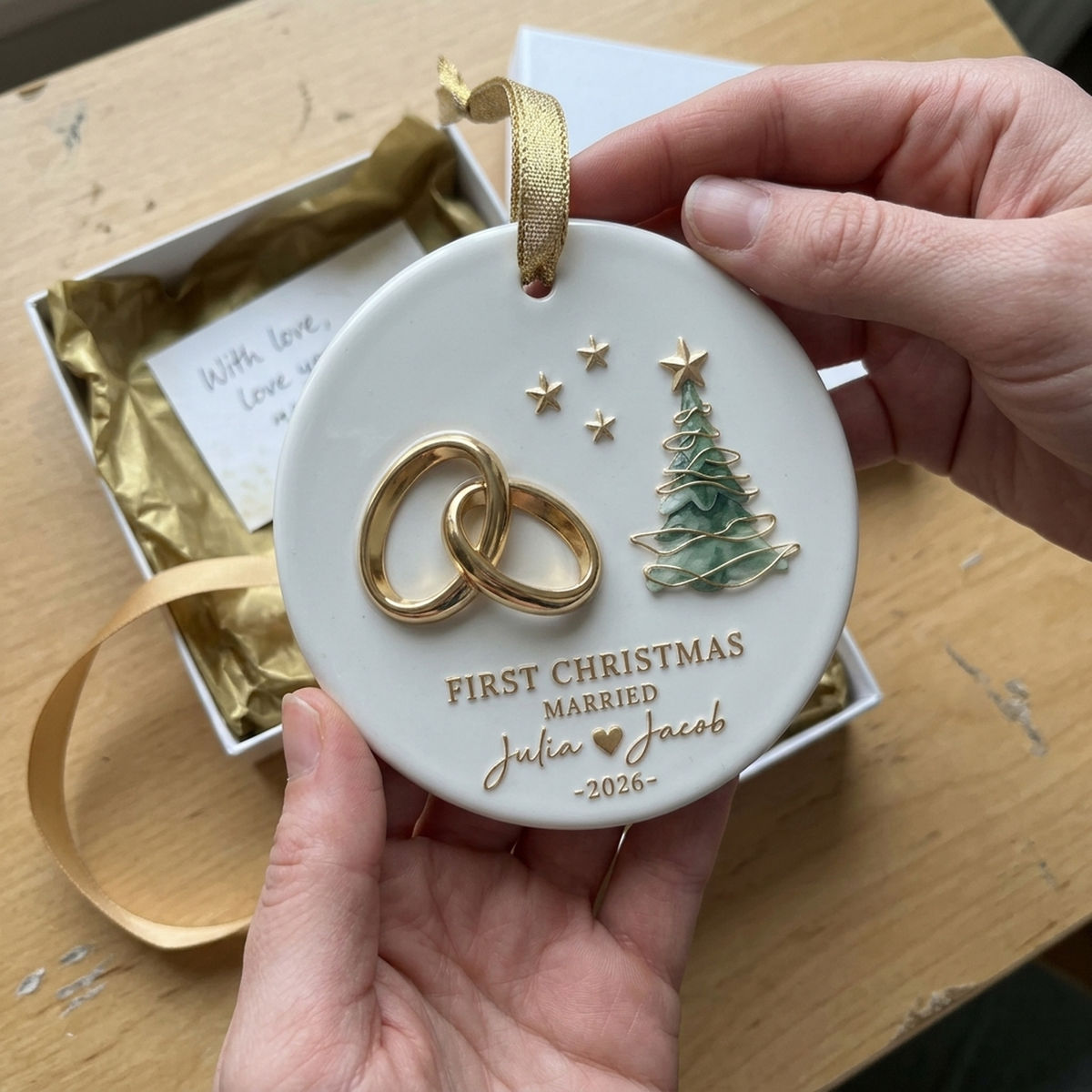 Personalized "First Christmas Married" Ceramic Ornament – Custom Names & Year For Newlyweds
