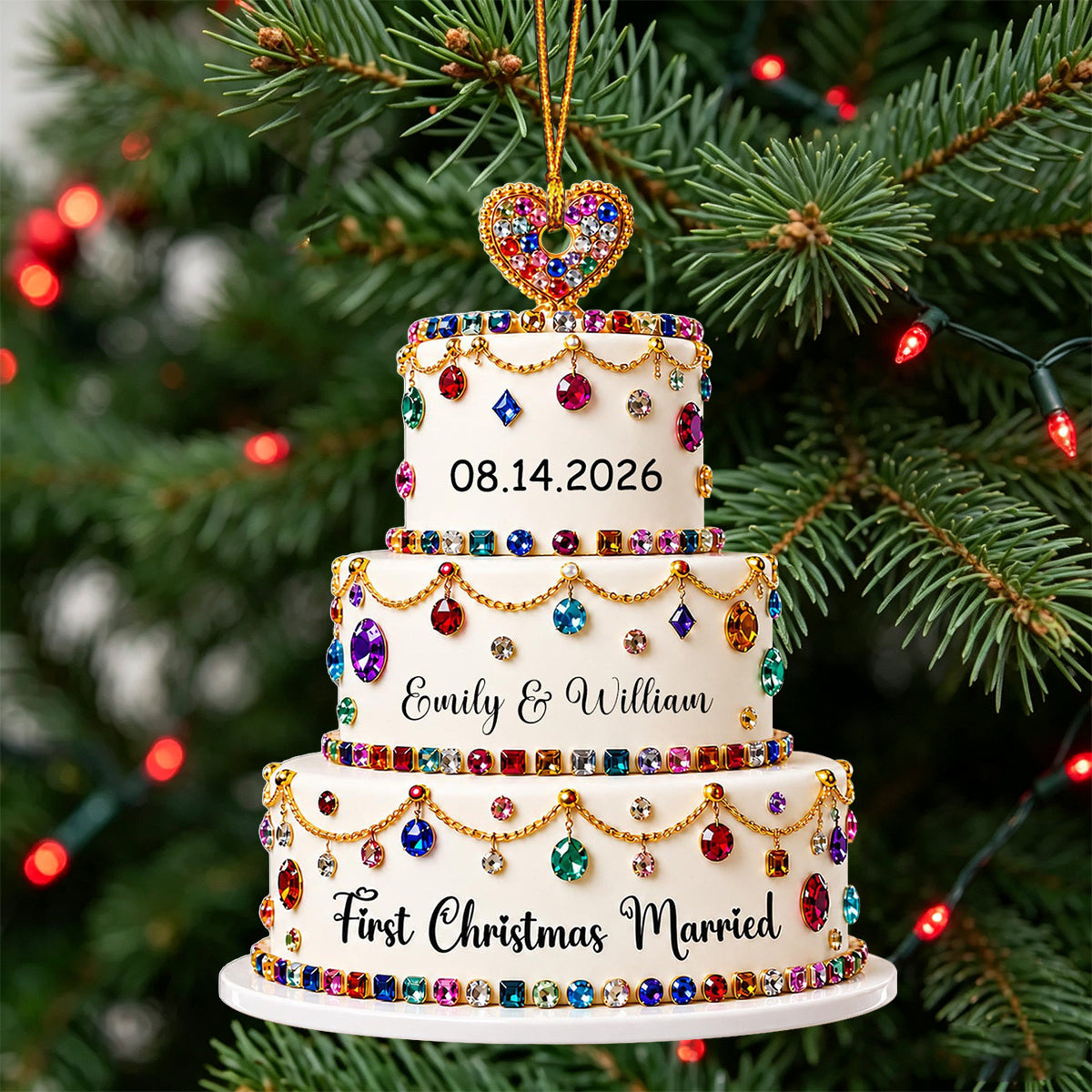 First Christmas Married Personalized Colorful Diamond Wedding Cake Ornament, Gift For Couples