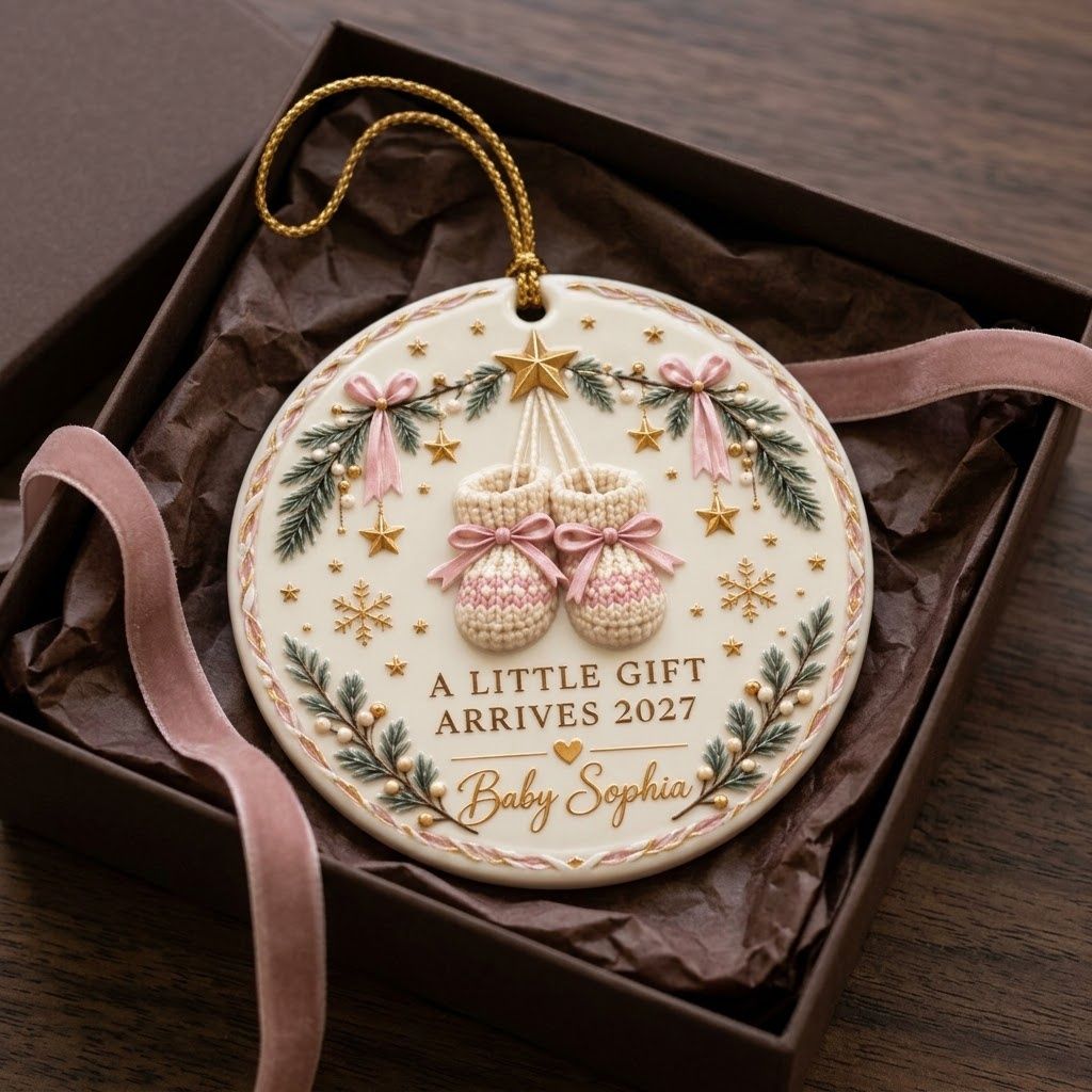 Personalized "A Little Gift Arrives 2027" Ornament – Custom Baby Name Knit Booties Pregnancy Announcement Keepsake In Pink for Christmas