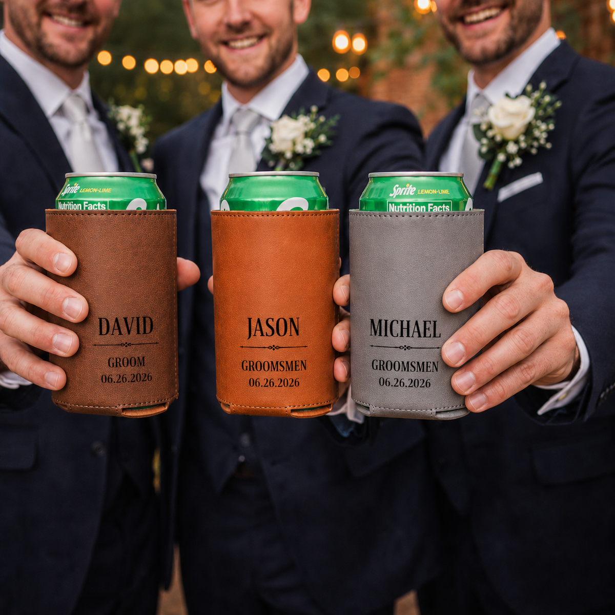 Wedding Party Favor – Personalized Engraved Can Cooler With Name & Date