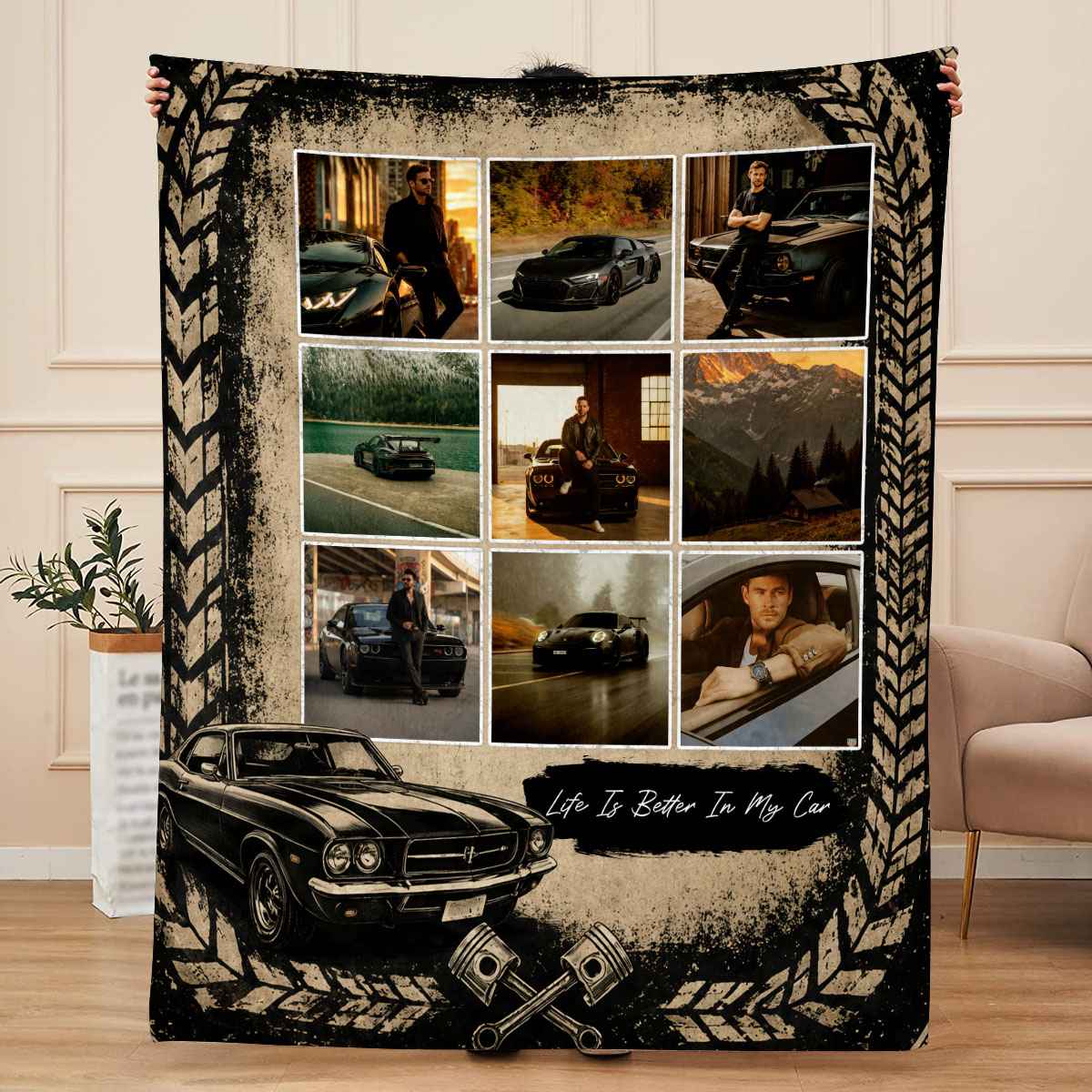 Personalized Car Photo Blanket | Custom Collage Blanket, Gift For Car Lovers, Classic Car Fans & Auto Racing Enthusiasts