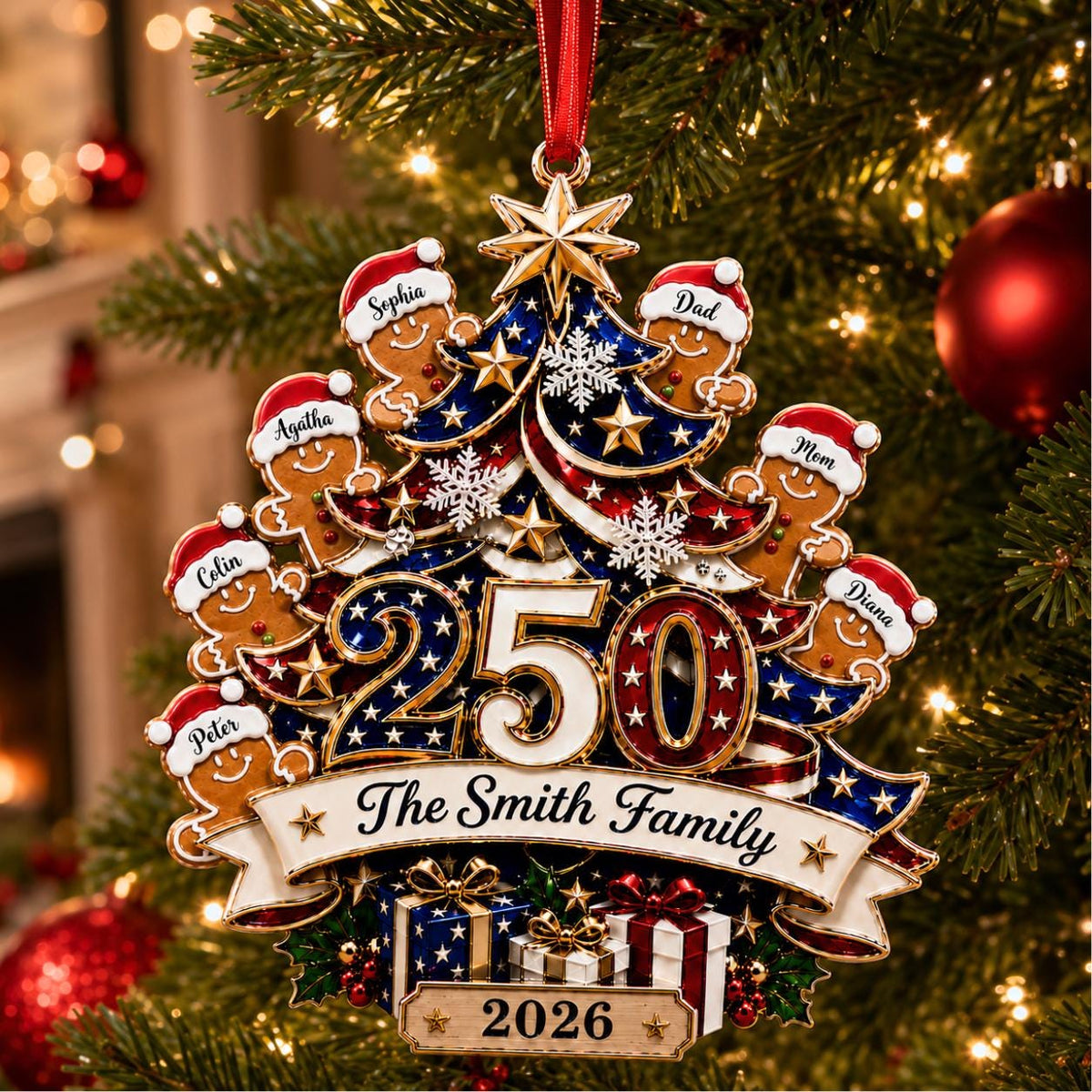 Custom 250th Anniversary Gingerbread Family Acrylic Ornament – Patriotic America 1776-2026 Christmas Tree Decor For Family