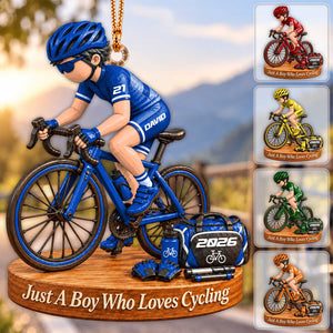 Just A Boy Who Loves Cycling – Personalized Christmas Ornament | Custom Name & Number Keepsake Gift For Cyclists & Bike Lovers
