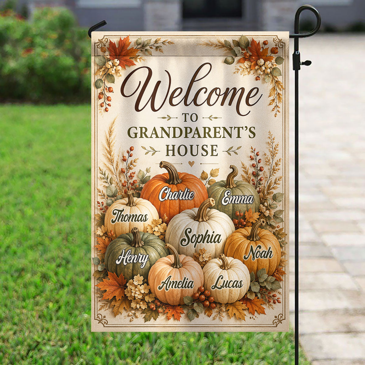 Personalized "Welcome To Grandparent's House" Fall Pumpkin Garden Flag – Seasonal Decor Gift For Grandma & Grandpa